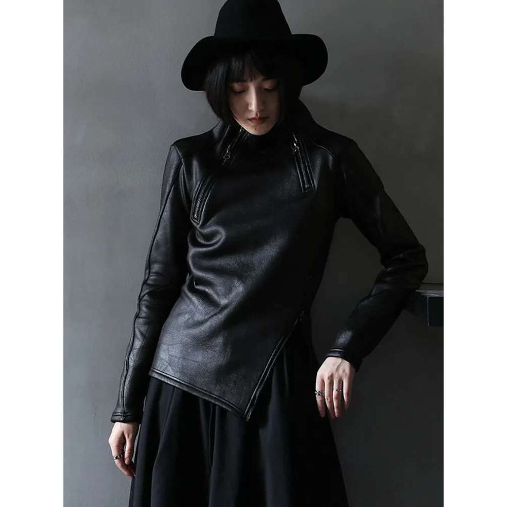 Dark Style Irregular Stand Collar Diagonal Zipper Faux Leather Sweatshirt Female Cool Black Gothic Jacket Fleece Lining Pullover Designer