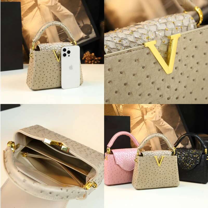 Fashion Leather Women's Handbags V Letter Small Shoulder Crossbody Bag Niche Ostrich Print Portable Messenger Shell Bags