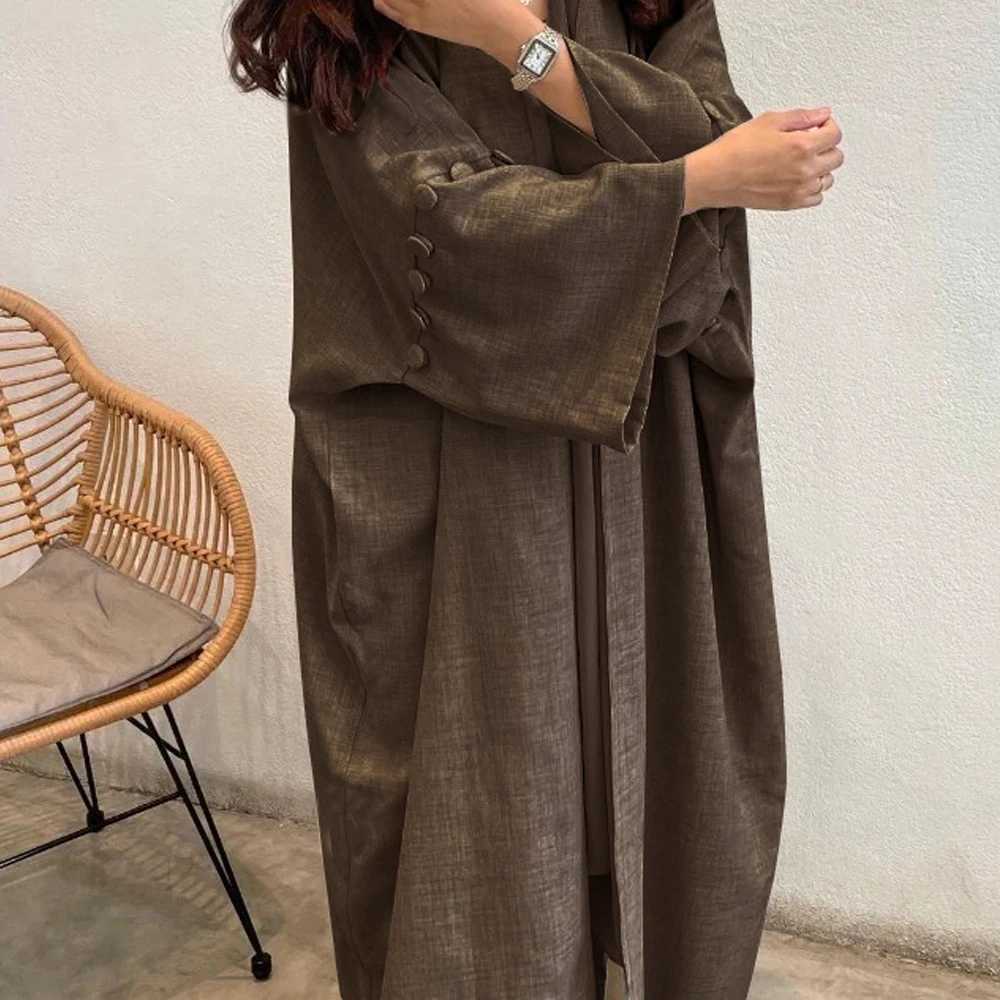 New Solid Color Dubai Cotton Linen Kimono Cardigan Muslim Dress Women Button Closed Slve Open Abaya Islam Clothing Ka Robe X250514