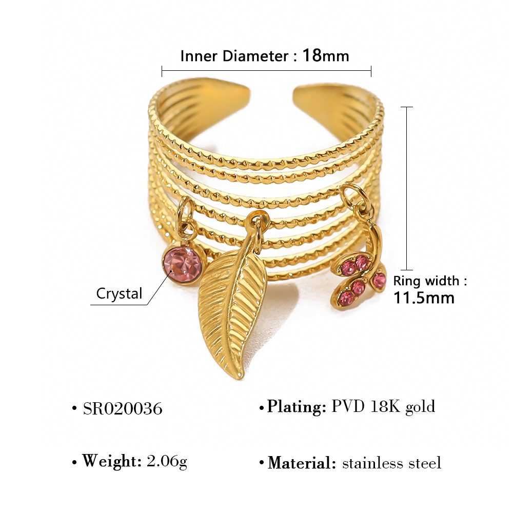 18K Gold Plated Titanium Steel Open Ring with Leaf and Crystal Pendant, Luxe Multi-line Design for Women