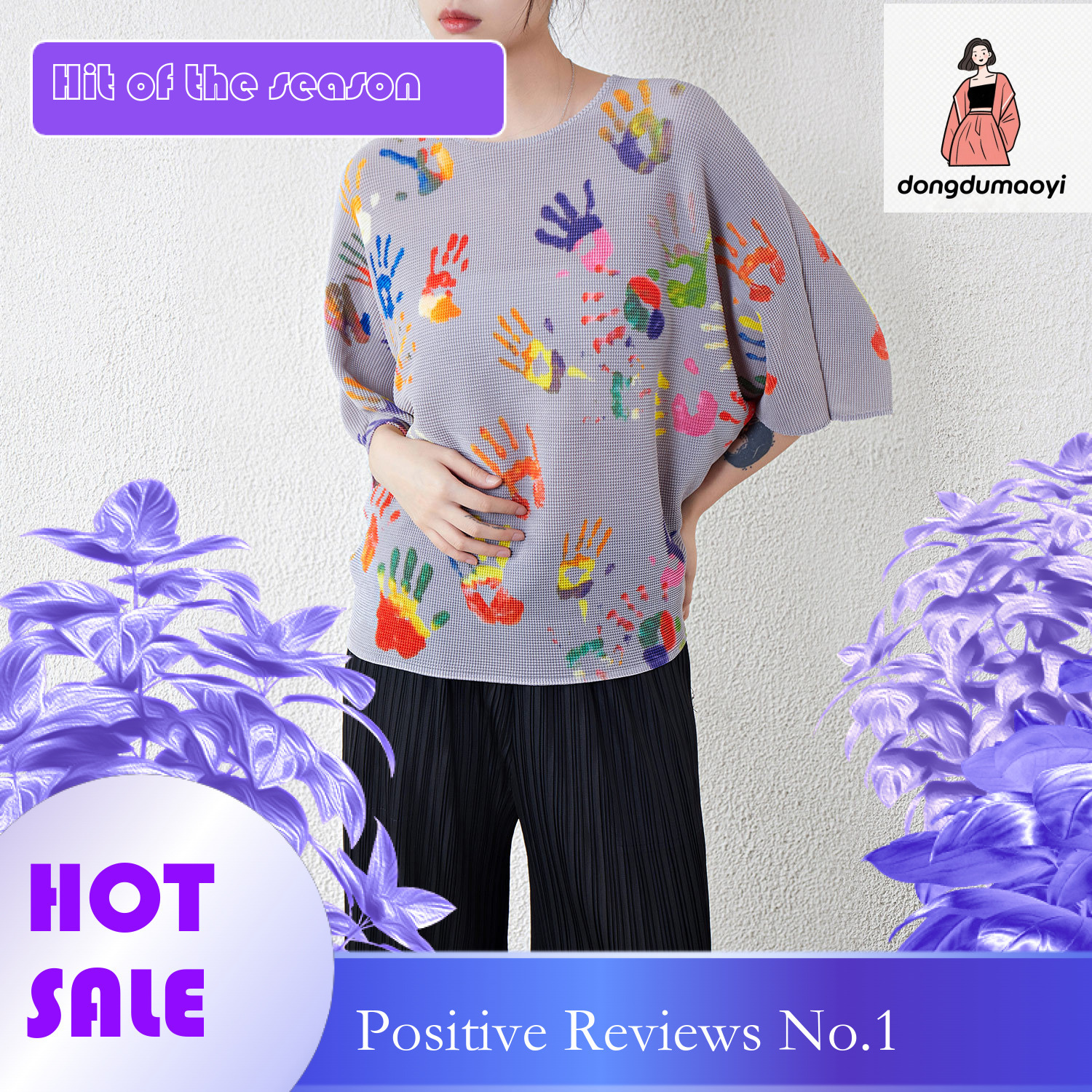 dongdumaoyi Miyake printed top, summer thin, new style, pleated, loose, flesh blocking, western-style T-shirt, round neck, batball sleeves, slim and t