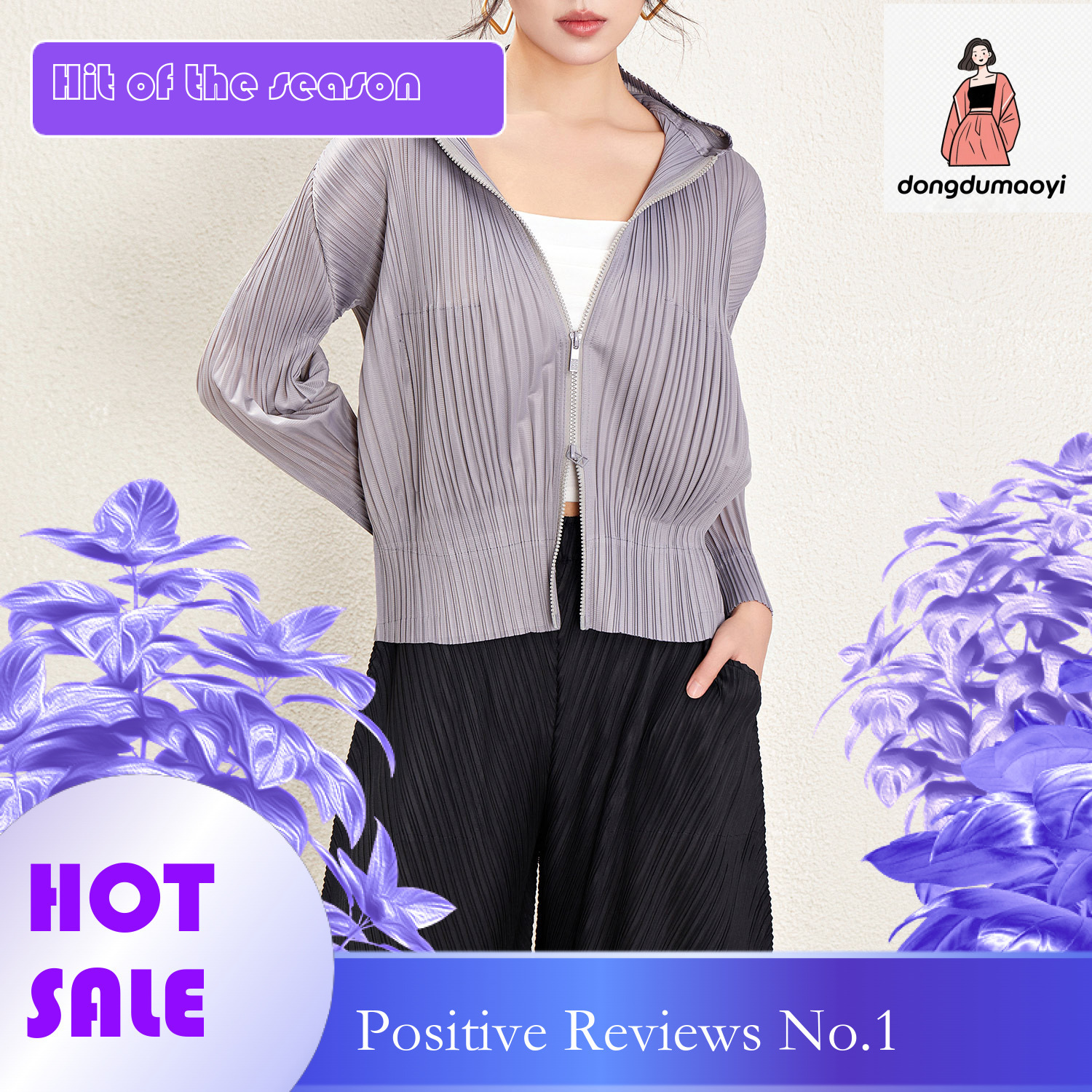 dongdumaoyi Miyake temperament small jacket 2024 spring new zipper hooded air-conditioned shirt long sleeved cardigan pleated top for women