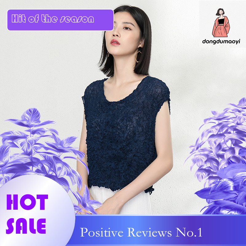 dongdumaoyi Miyake sleeveless V-neck vest pleated top women's summer new style, see through thin, solid color temperament short T-shirt for women