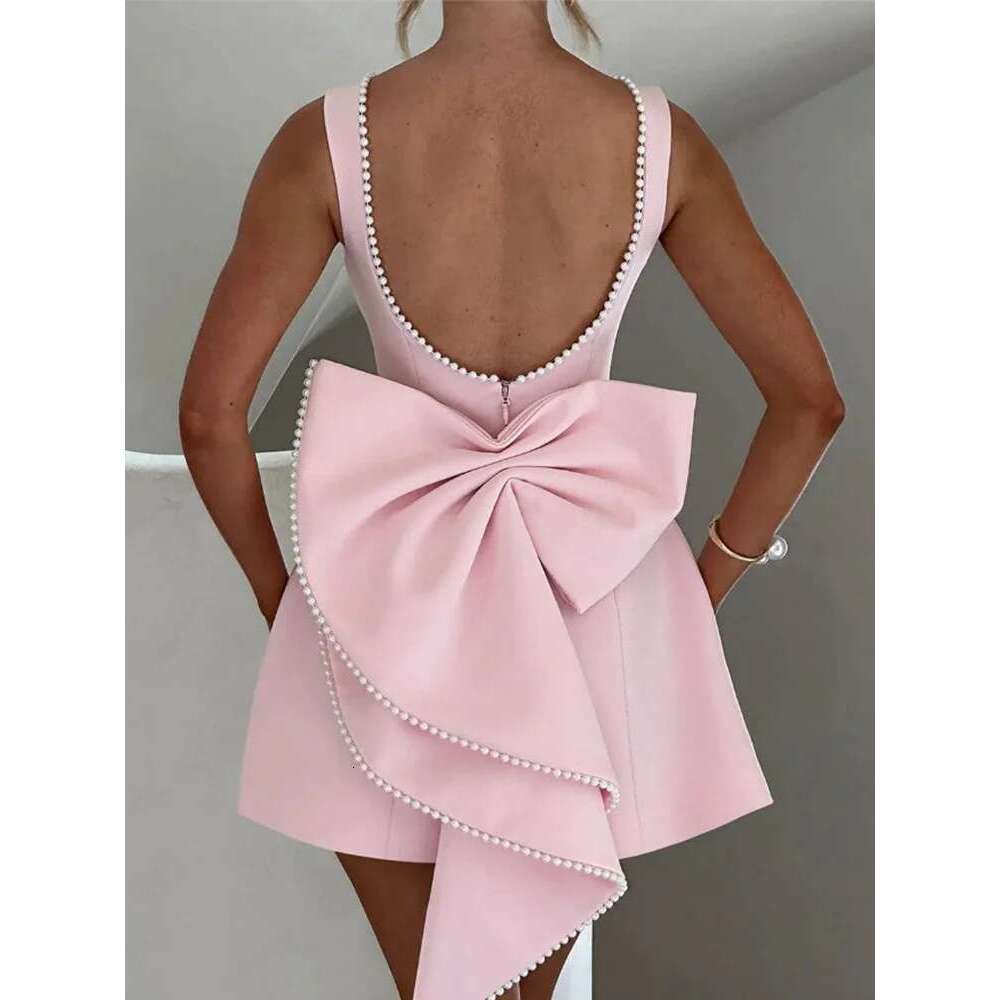2025 New Spring Summer Dresses Chic Birthday Evening Y2K Elegant Pearl Solid Bow Backless Short Women Sleeveless Mini Dress
