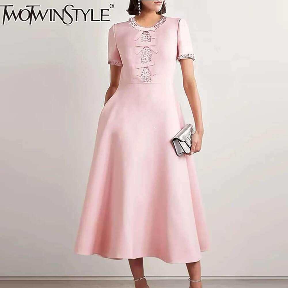 TWOTWINSTYLE Slim Patchwork Bowknot Dresses For Women Round Neck Short Sleeve High Waist Spliced Dias Elegant Dress Female