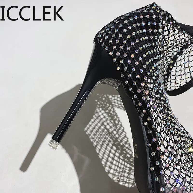 Fashion Crystal Transparent PVC Mesh Upper Ankle Boots for Women Pointed Toe High Heels Shoes Woman atos De Mujer A096