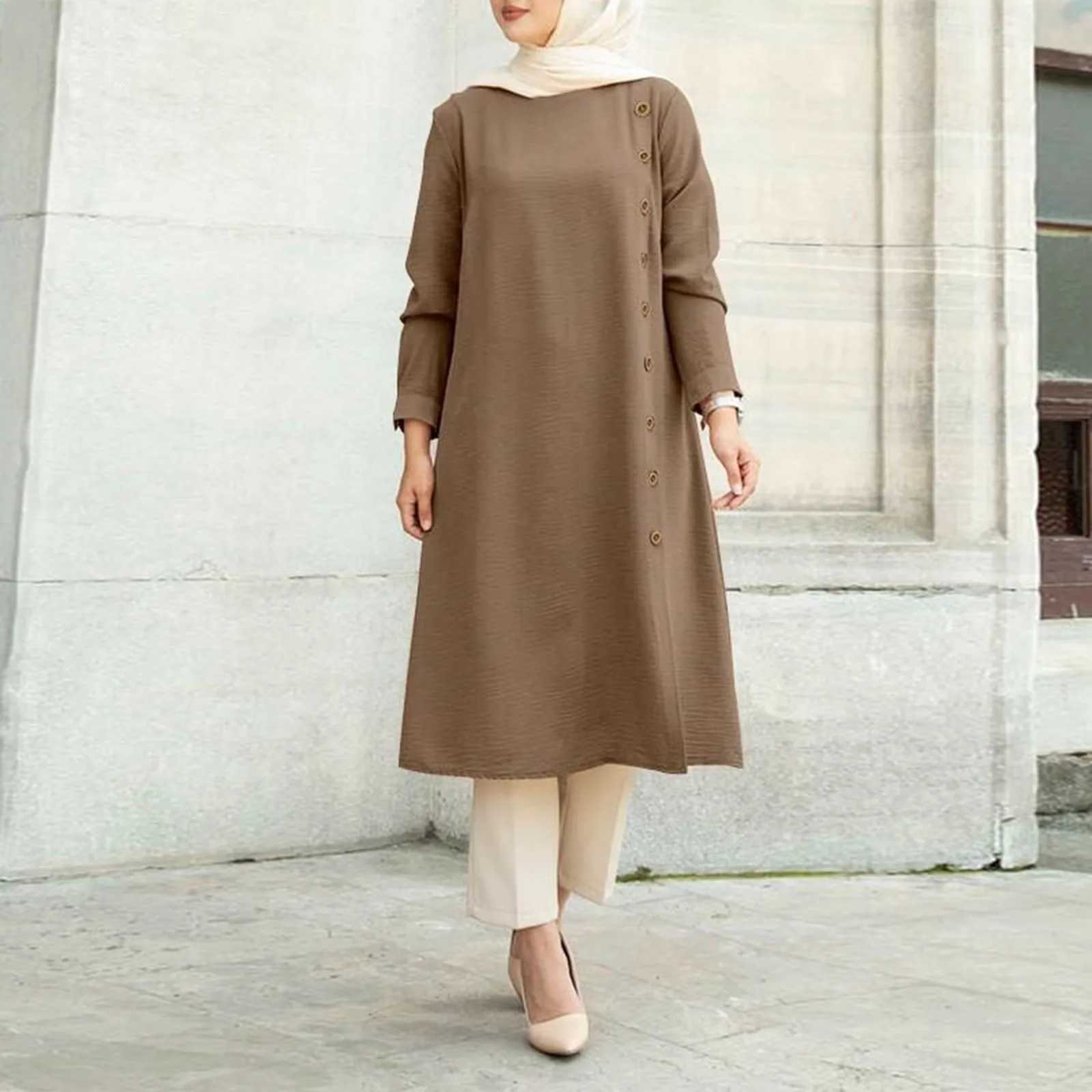 Arab Women Muslim Long Slve Blouse Dress Casual Loose Blouse Shirts Tops Tunic Loose Chemise Morocco Turkish Solid Dress X250514