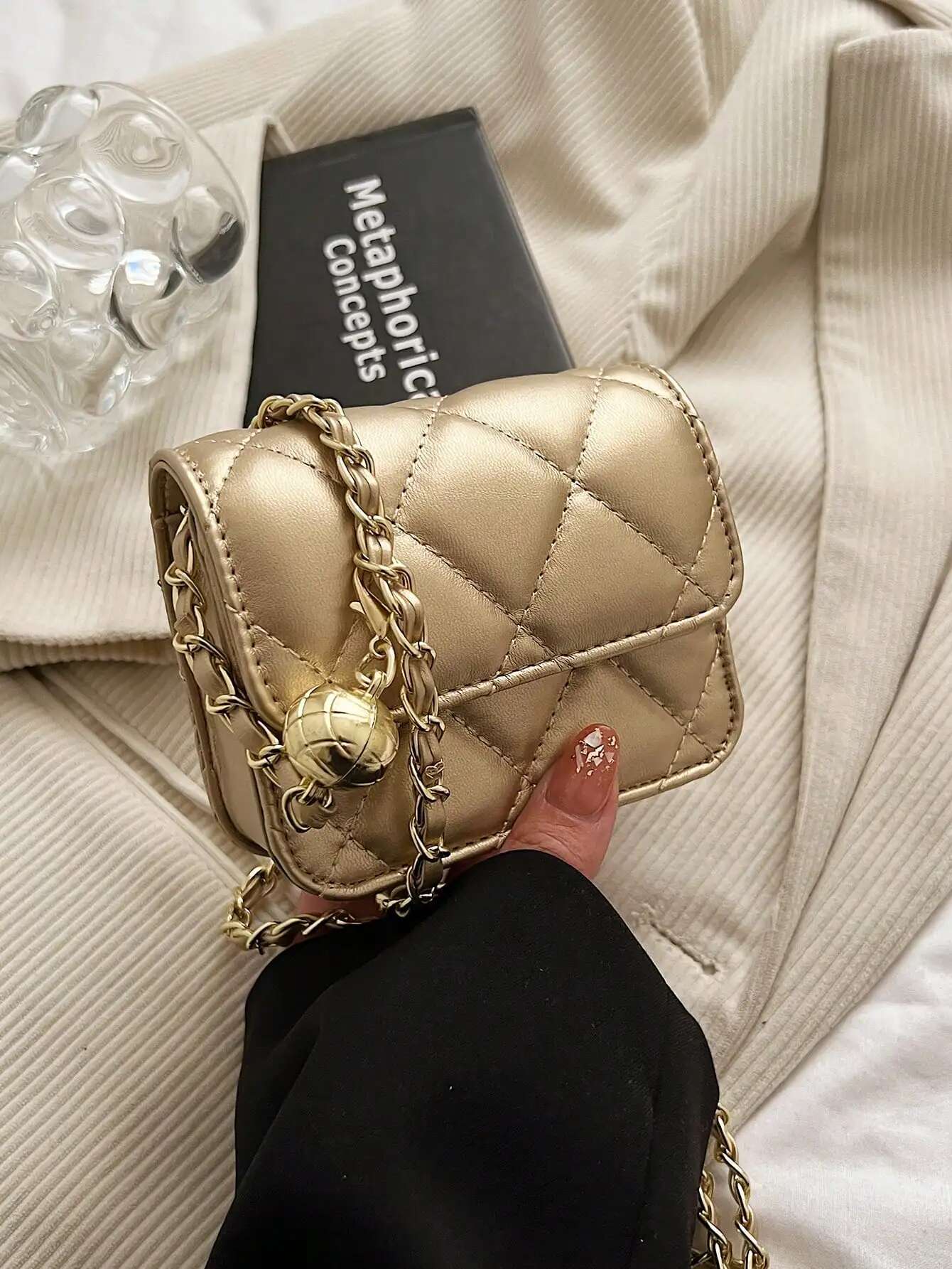 2025 new bag simple multifunctional texture mini belt with golden ball chain shoulder strap designer crossbody bag diamond grid chain women's sma