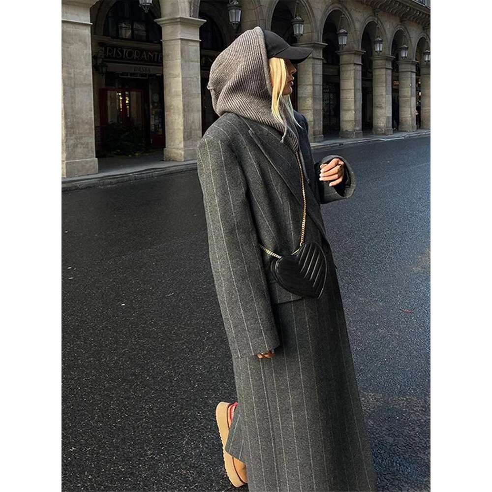 Vintage Women Stripe Woolen Overcoats Fashion Lapel Sleeves Oversized Long Coats 2025 Autumn Winter Lady Commute Jacket