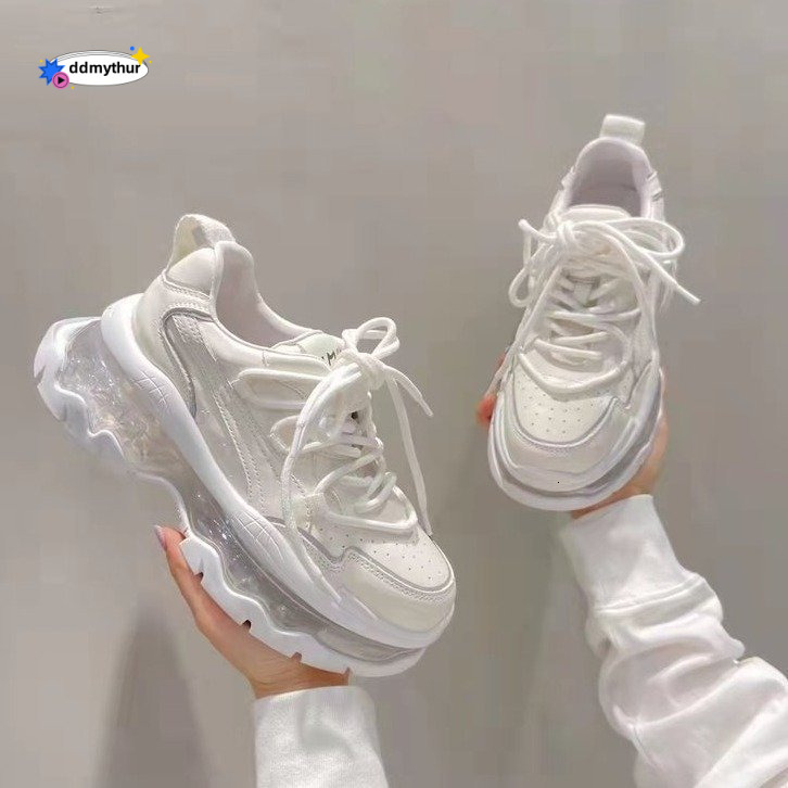 European Jelly Thick Sole Women's 2023 Spring New Fresh and Trendy Transparent Sports Casual Elevated Air Cushion Dad Shoes ddmythur
