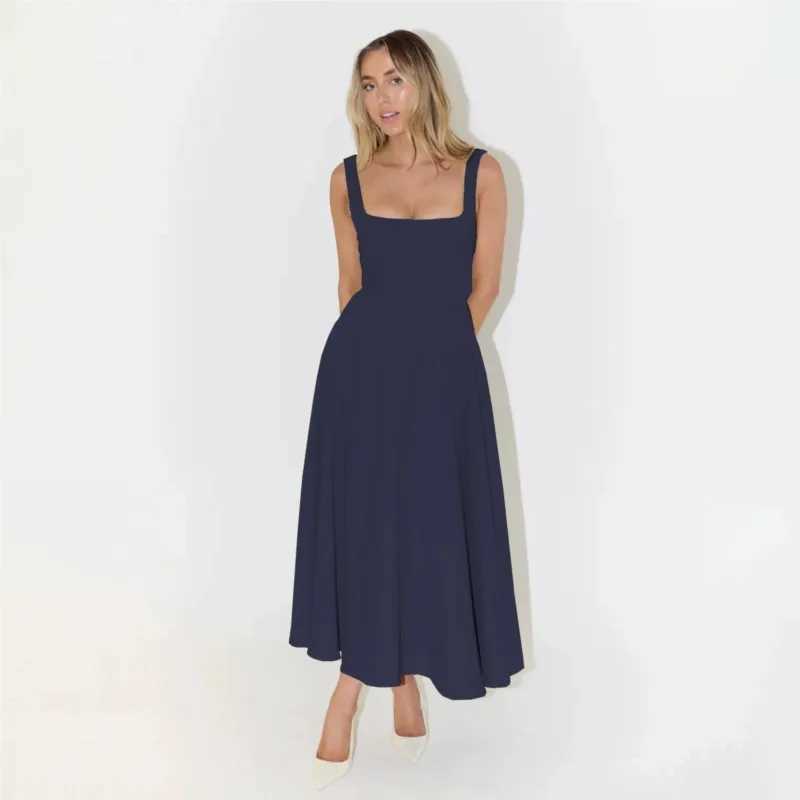 2025 Spring/Summer New Solid Navy Blue Dress Square Collar Sleeveless Waist Halter Long Dress Fashion Elegant Street Party DressXJ250514