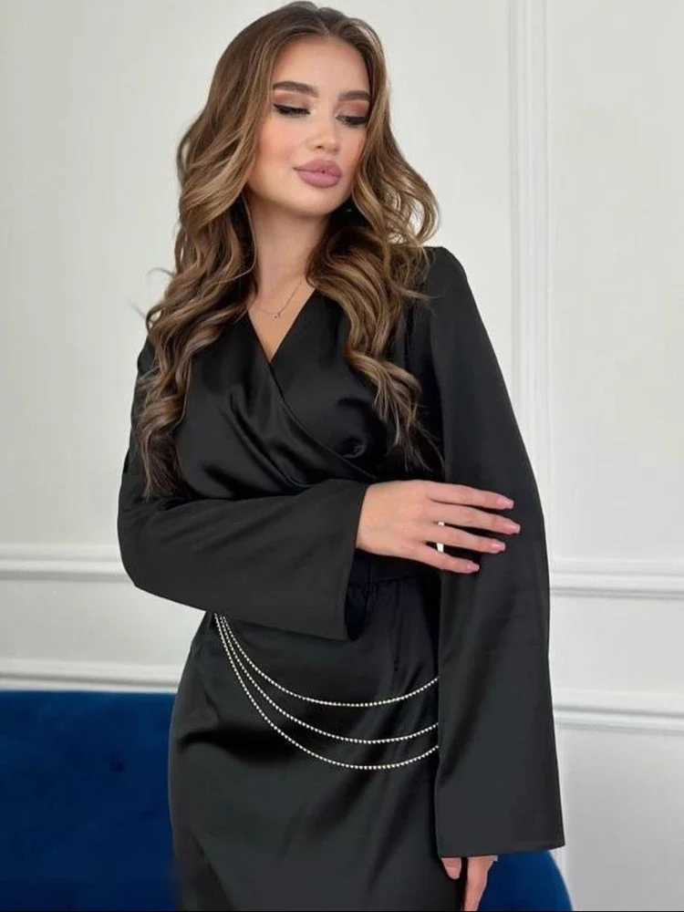 Eid women Party Dress for woman Jalabiya Satin Chains Ramadan Long Dresses Abayas Woman V Neck Robe Caftan Vestidos Largo 2024 X250514