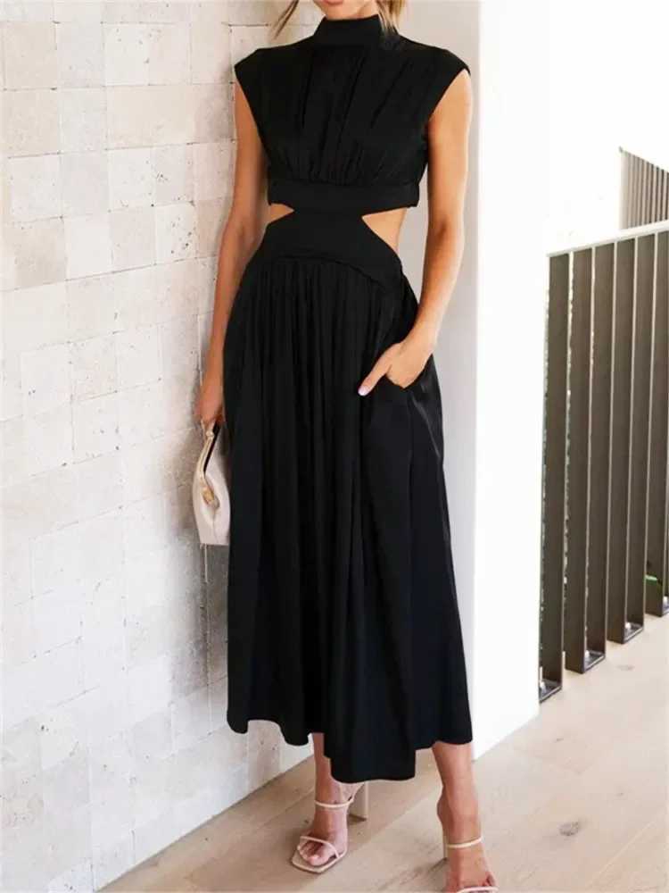 Womens Summer Long Dress Solid Color Sleeveless Mock Neck Hollow Out A-line Dress Sexy Elegant Beach Holiday Loose DressesXJ250514