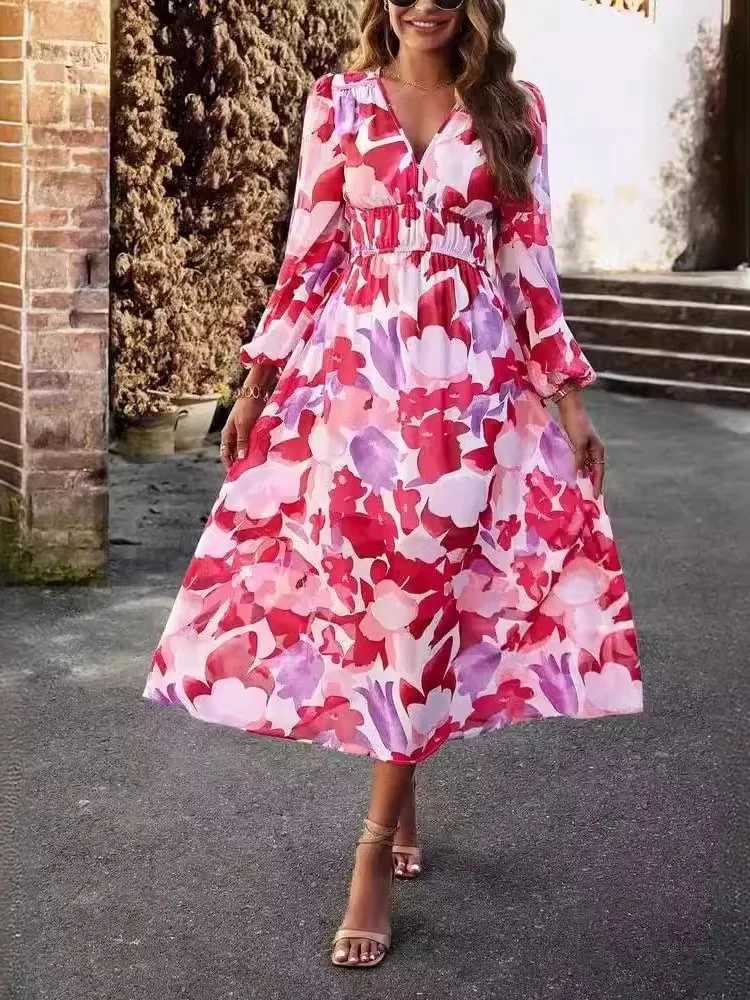 Autumn Womens New 2024 Fashionable Floral Print Sexy V-neck Long Sleeved Dress Bohemian Vacation Style Elegant Long StyleXJ250514