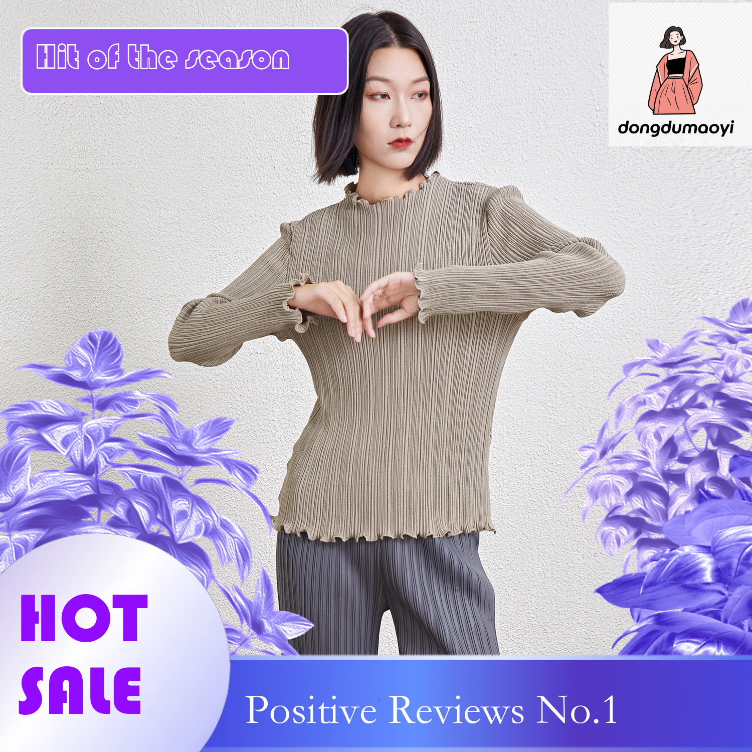 dongdumaoyi Miyake semi high neck long sleeved T-shirt for women in winter 2024, new women's pleated lace collar base shirt, top trend