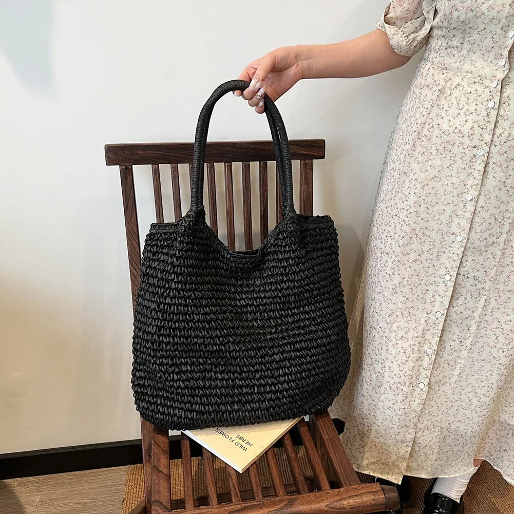 Women Straw Tote Handbag Large Capacity Vintage Shoulder Bag Solid Color Crochet Beach Ladies Summer Daily 250514
