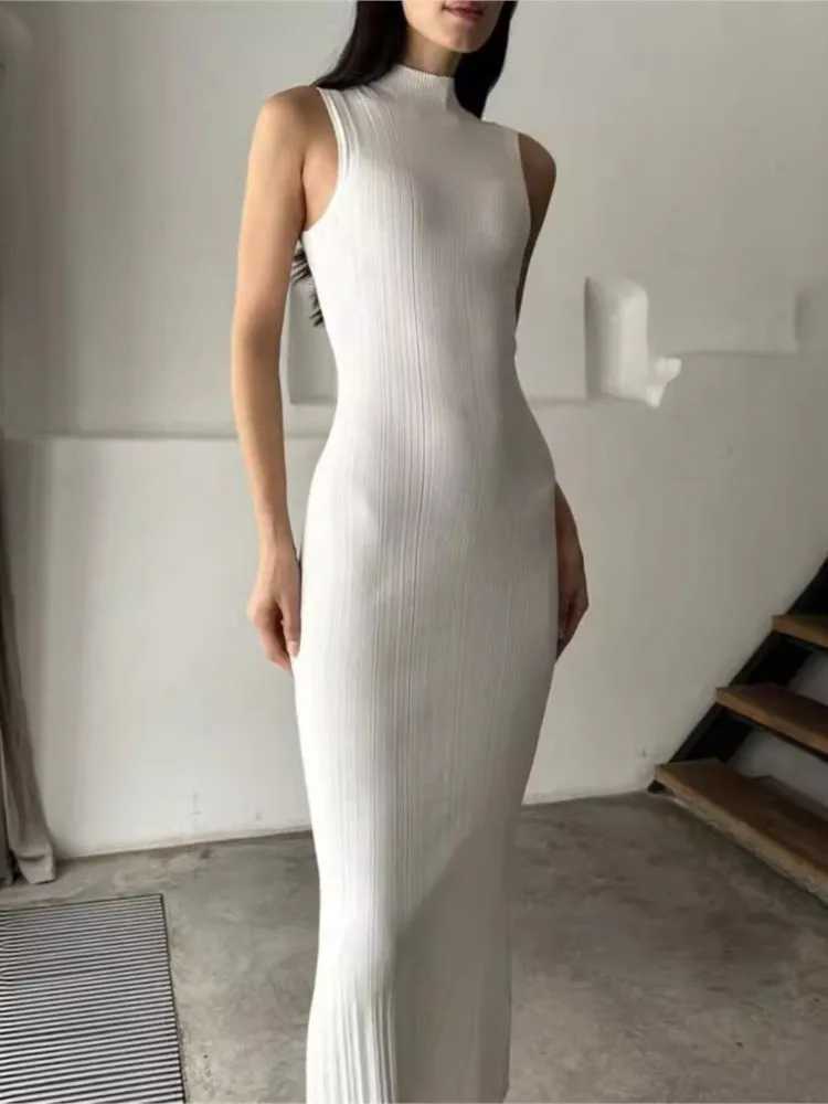 Solid Color Stripe Knitted Slim Long Dresses Women Sleeveless Half Turtleneck Package Hip Bodycon Dress Female Commuting DressXJ250514