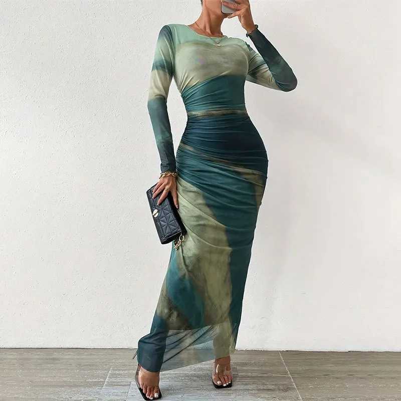 Tie Dye Green Mesh Corset Dress Autumn Elegant Women Dresses Bodycon Long Sleeve Dress Print Maxi Ruched Through Female DressXJ250514