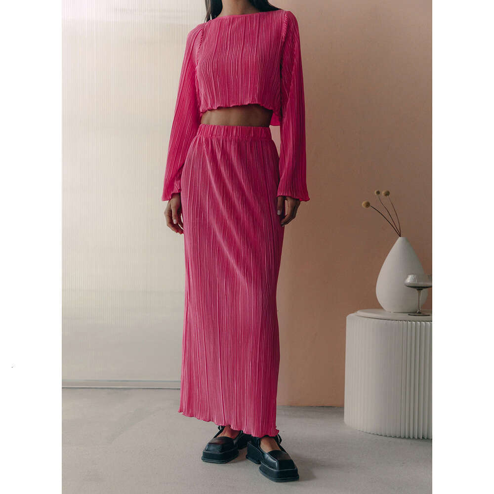 Women's Wear Women's Pleated For Spring/Summer With Flared Sleeves And Short Top+Mid Length Skirt Set