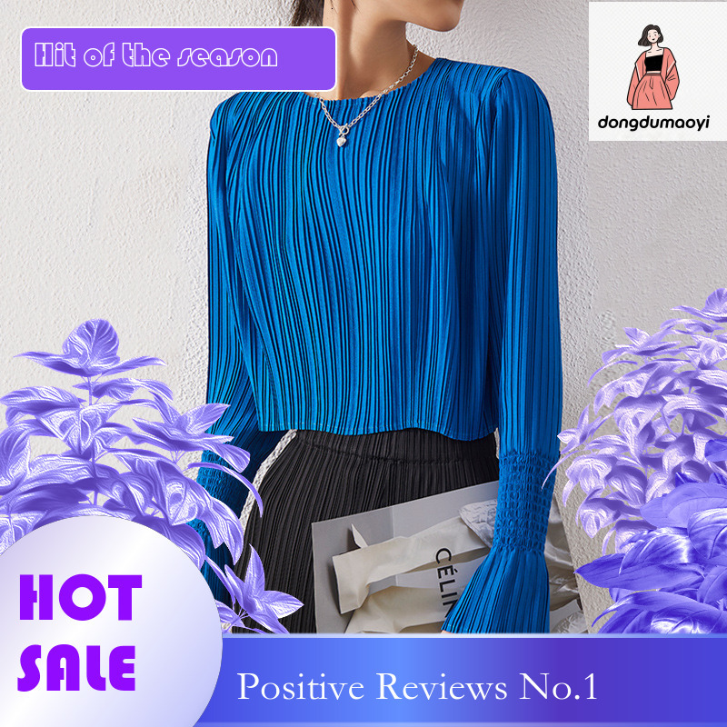 dongdumaoyi Miyake niche chic design long sleeved short top with pleats autumn style women's age reducing and stylish small shirt