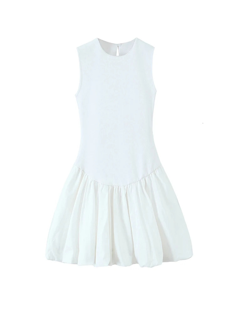 TRZA Womens Fashion Patchwork Mini Dress ONeck Sleeveless Balloon Hem Female Dresses Vestidos Mujer 250514