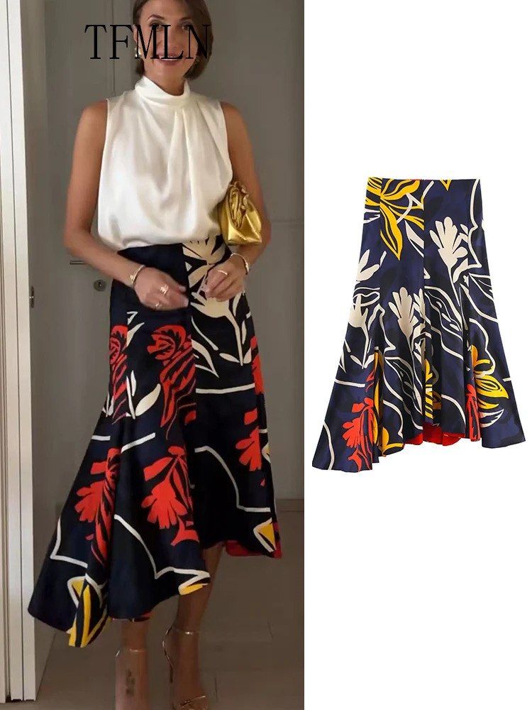 TFMLN Vintage Asymmetric Floral Casual ALine Woman Midi Skirt Fashion Summer Print Elegant Chic Random Cutting Long Skirts 250514