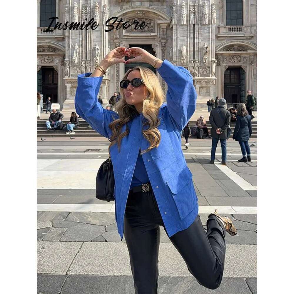 Casual Patchwork Women Jacket Turn Down Collar Long Sleeve Pockets Loose Female Jackets 2025 Spring New Fashion Lady Streetwear
