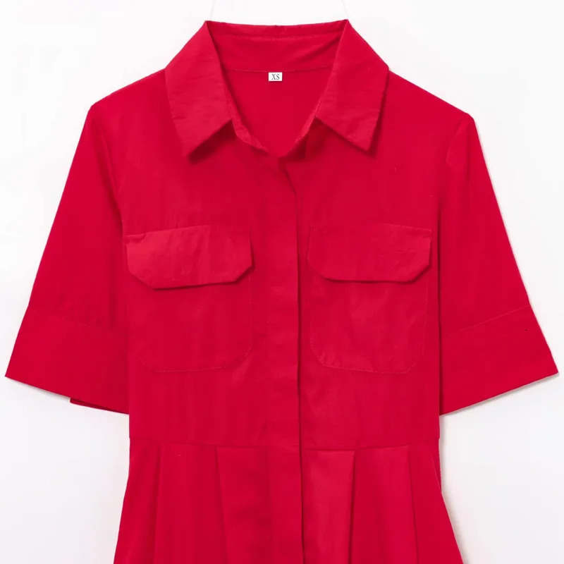 TRAF Red Womens Dress Short Sleeve Shirt Long Dresses For Woman Pleated Midi Casual Collared Holiday 088 250514