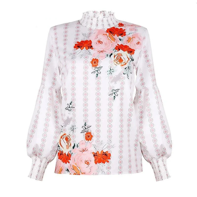 Printed Woman Shirt Sweet Blouse Spring Autumn Fashion Lantern Sleeve Top 250514