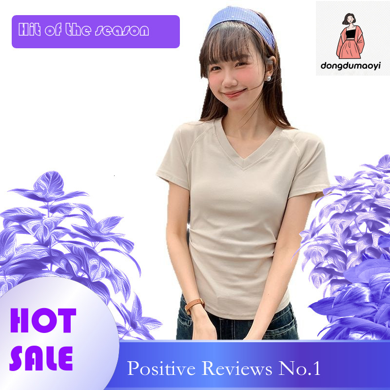 dongdumaoyi V-neck T-shirt, short sleeved, 2025 new design, pleated waist, slim fit, slimming effect, inner top for women's summer