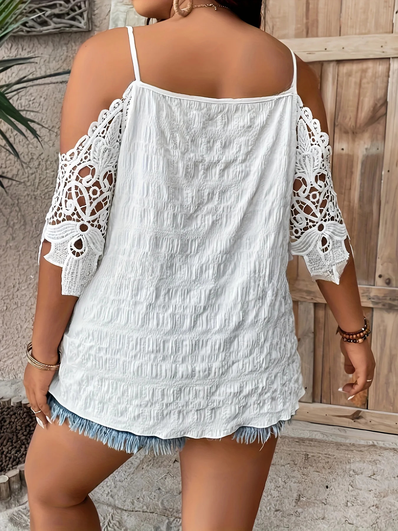 Plus Size Summer Women Elegant Off Shoulder Blouses Shirt Casual Fashion Loose Lace Patchwork Solid Sexy V Neck Tops 250514