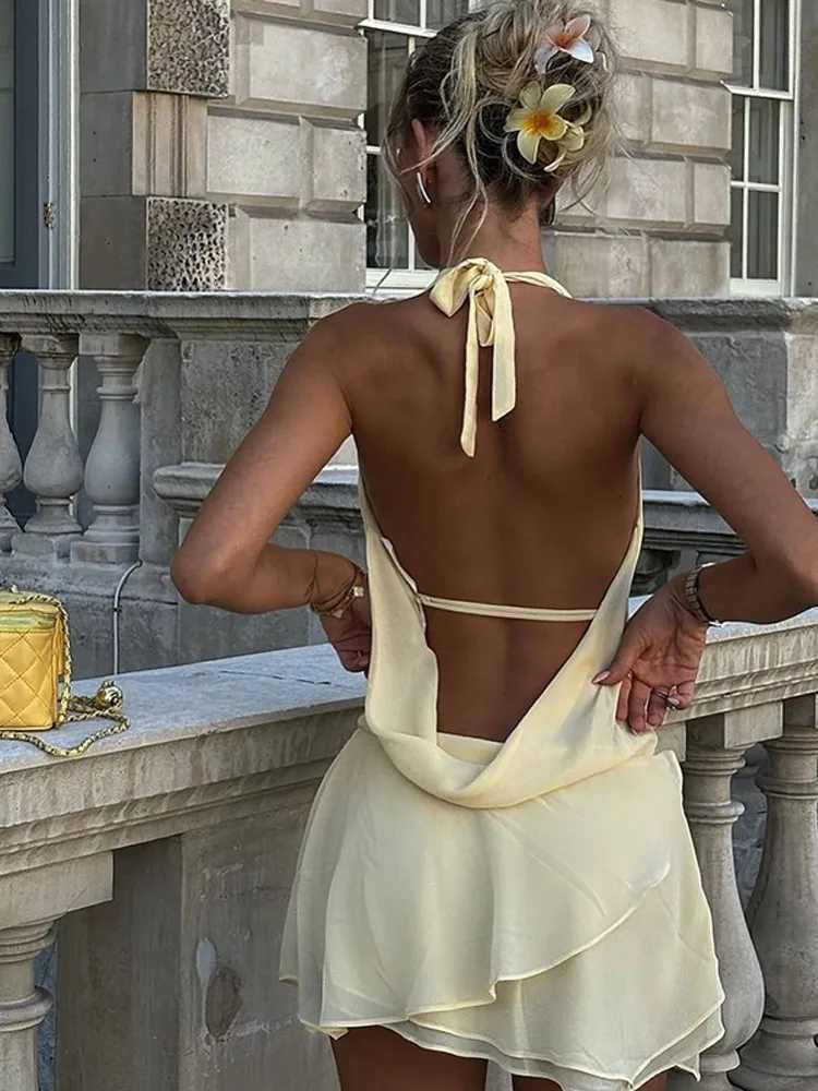 Womens Sexy Deep V-neck Pleated Lace-up Halter Dress Elegant Backless High Waist A-line Dresses 2025 Vocation Party DressesXJ250514