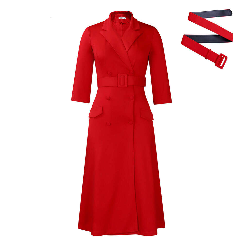 Women's Wear Women's Fashion Temperament Double Breasted Suit Collar Solid Color Mid Length Dress