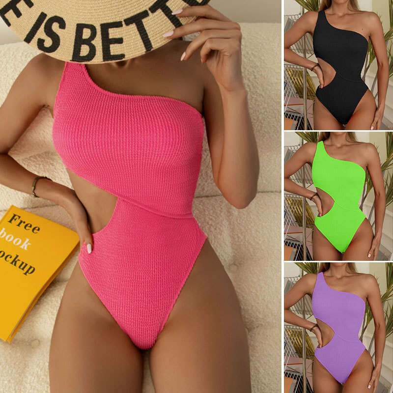 New sexy single shoulder solid color one-piece swimsuit from Europe America, hot selling and explosive for women. Source: 2025 new casual fashion tren