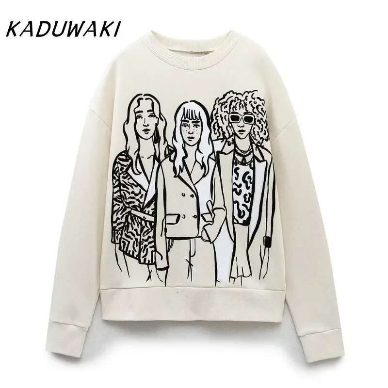 KADUWAKI Autumn/Winter New Product Women's Fashion Casual Loose Versatile Round Neck Long Sleeve Printed Sweater K Pop Clothes