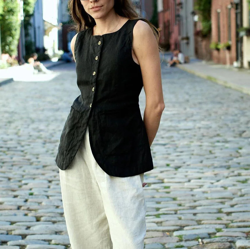 Chic Cotton Linen Long Skirt Set Women Summer Sleeveless Single Breasted Vest Top Back Split Maxi Skirts Lady 2 Piece Suits 250514