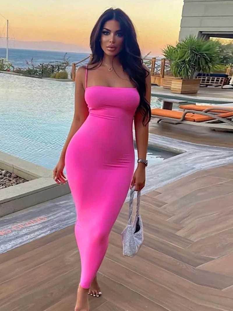 Women Casual Summer Spaghetti Strap Bodycon Dress Fashion Solid Color Sleeveless Backless Slim Fit Sling Long DressXJ250514