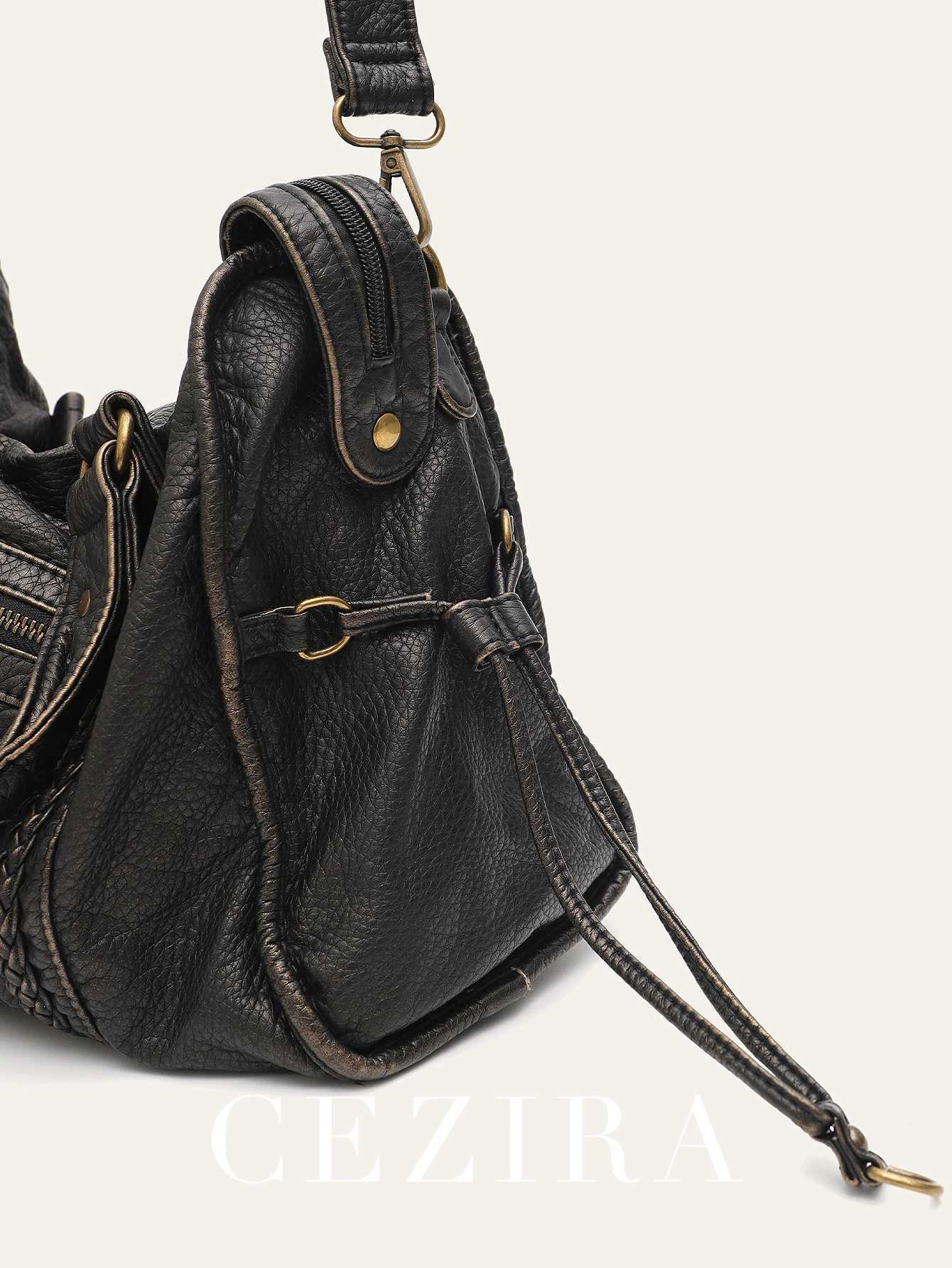 Vintage Wed PU Leather Large Capacity Tote Zip Pockets Braid Decor Shoder Cross body Bag Unisex Wen Daily Travel Handbag Z250514