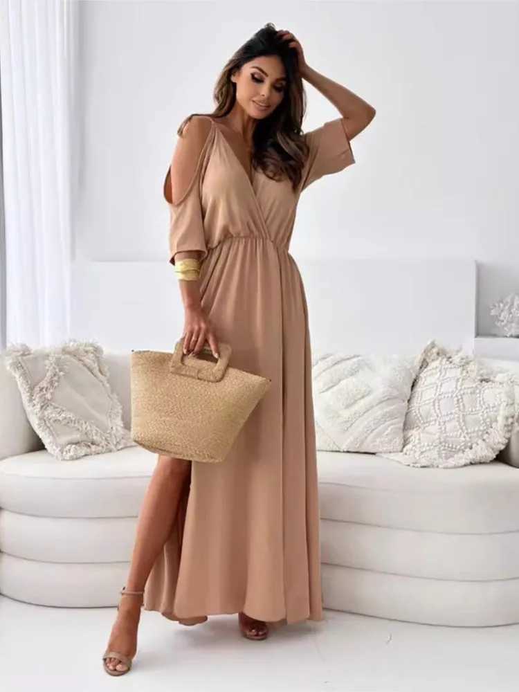 Summer V-neck Skirt Slit Dress Off-shoulder Sleeves Sexy Spaghetti Strap Dress Fashion Elegant Loose Beach Dresses Robe FemmeXJ250514