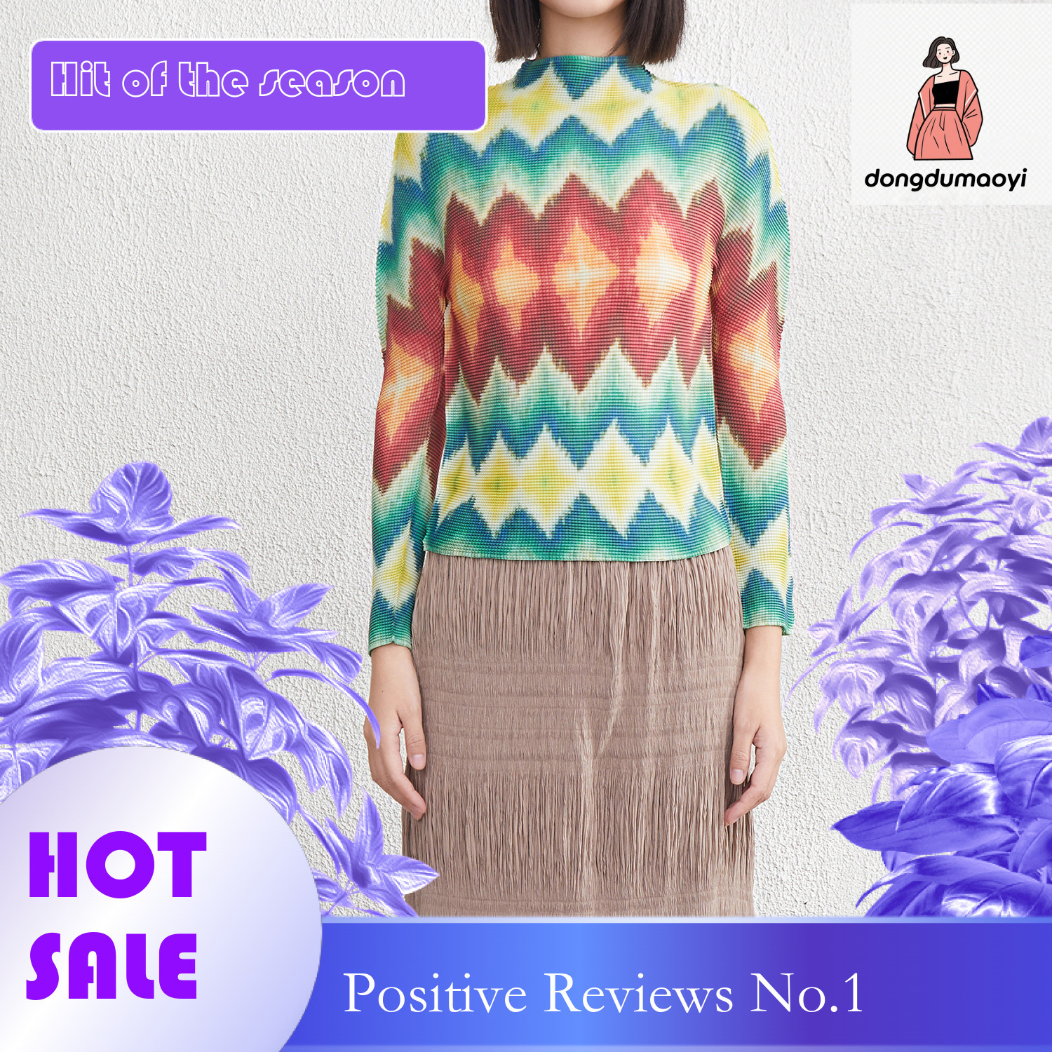 dongdumaoyi Miyake printed semi high neck base shirt for women in late autumn early winter, fashionable and western-style interior, long sleeved T-shi
