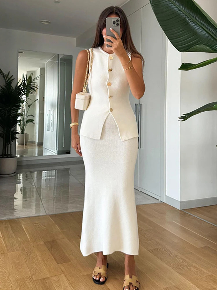 Elegant Knit Vest Suits Women Solid Single Breasted Oneck Sleeveless Slim Waistcoat Bodycon Midi Skirts Spring Lady Outfit 250514