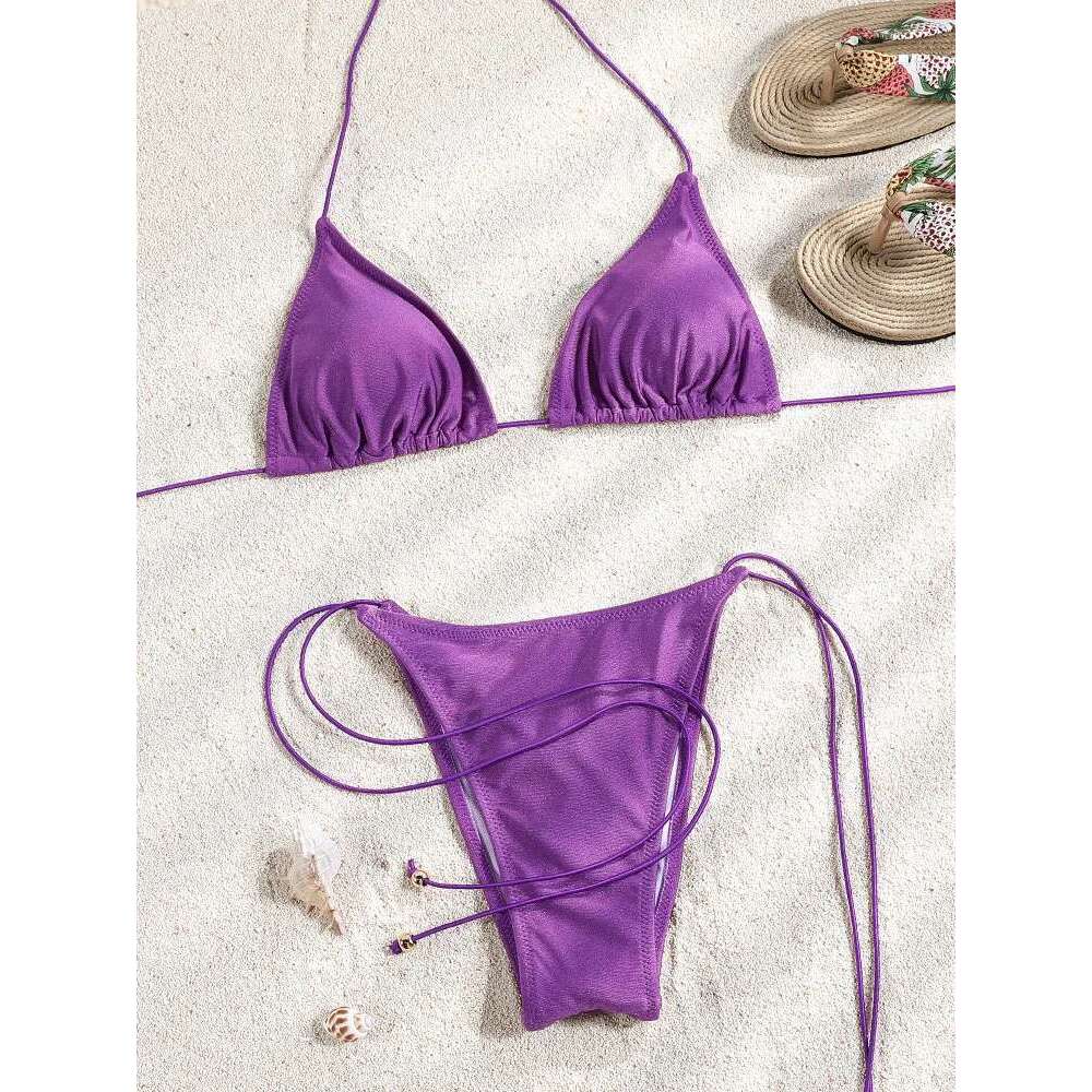 Miyouj New Bikini Triangle Swimwear Leopard Two Piece Suit Solid Color Bathsuit Sexy Swimsuits High Cut Bathwear Bandage Biquini