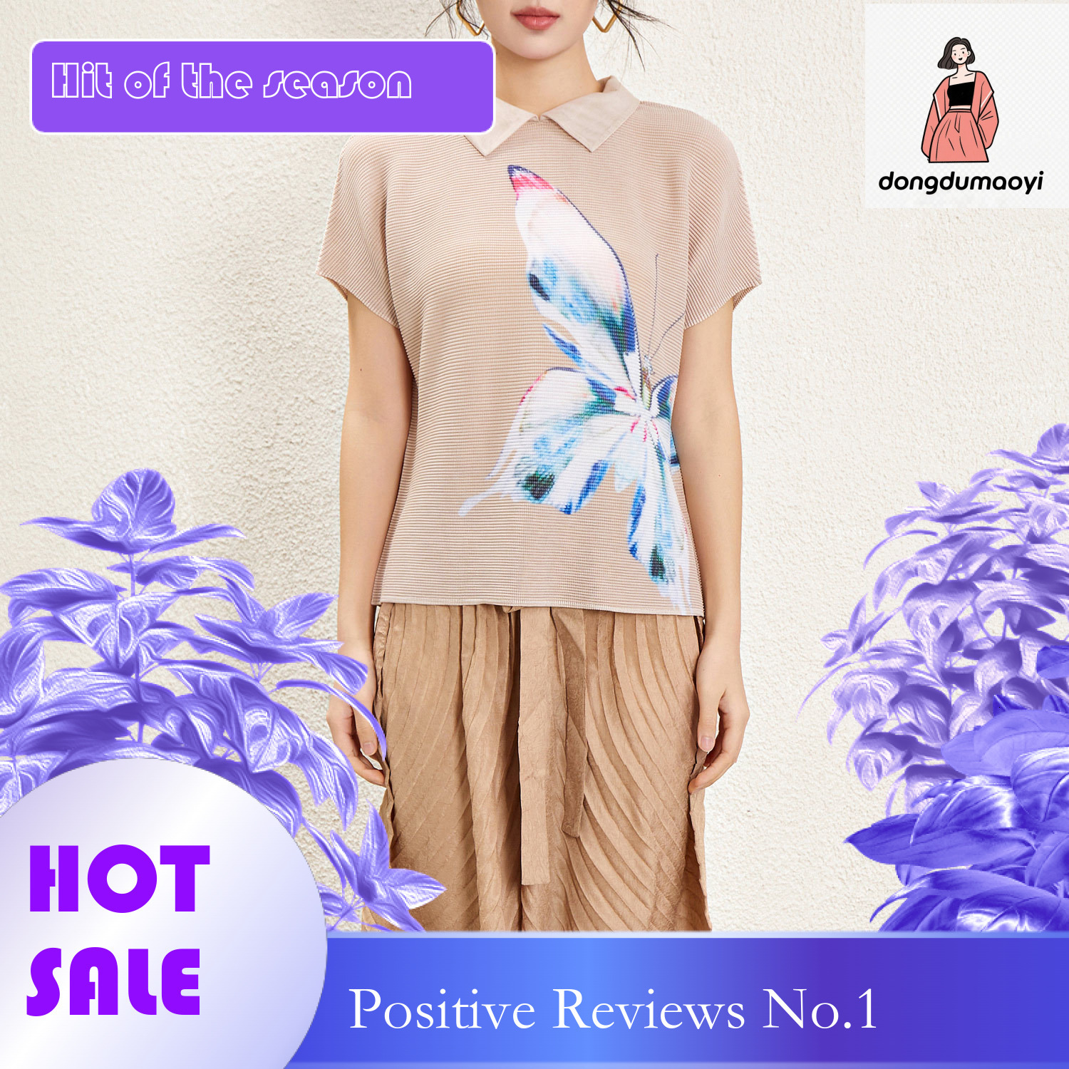 dongdumaoyi New European style short sleeved pleated top spring and summer 2024, featuring a niche design otaku. Polo small collar printed T-shirt for