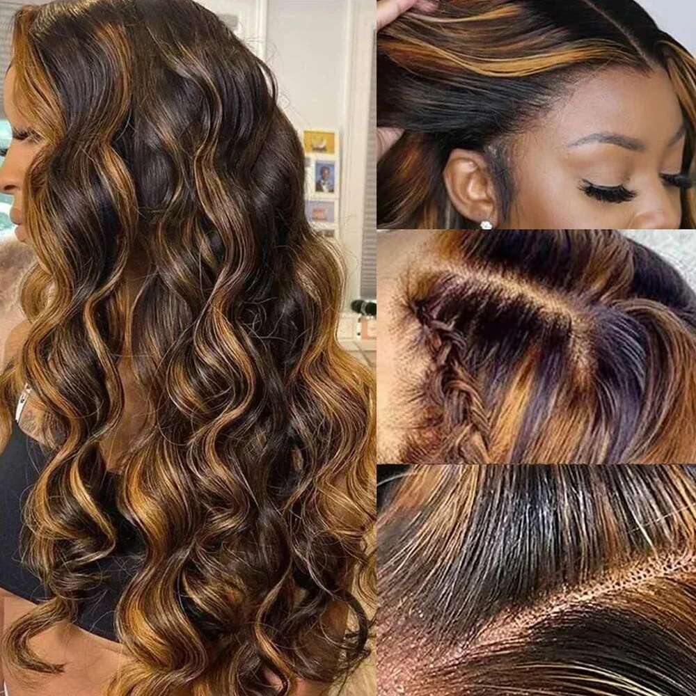 Brown Body Wave 13X4 13X6 Synthetic Front Wigs 30 Inch Green Highlight Colored Glueless Lace Wig For Black Women