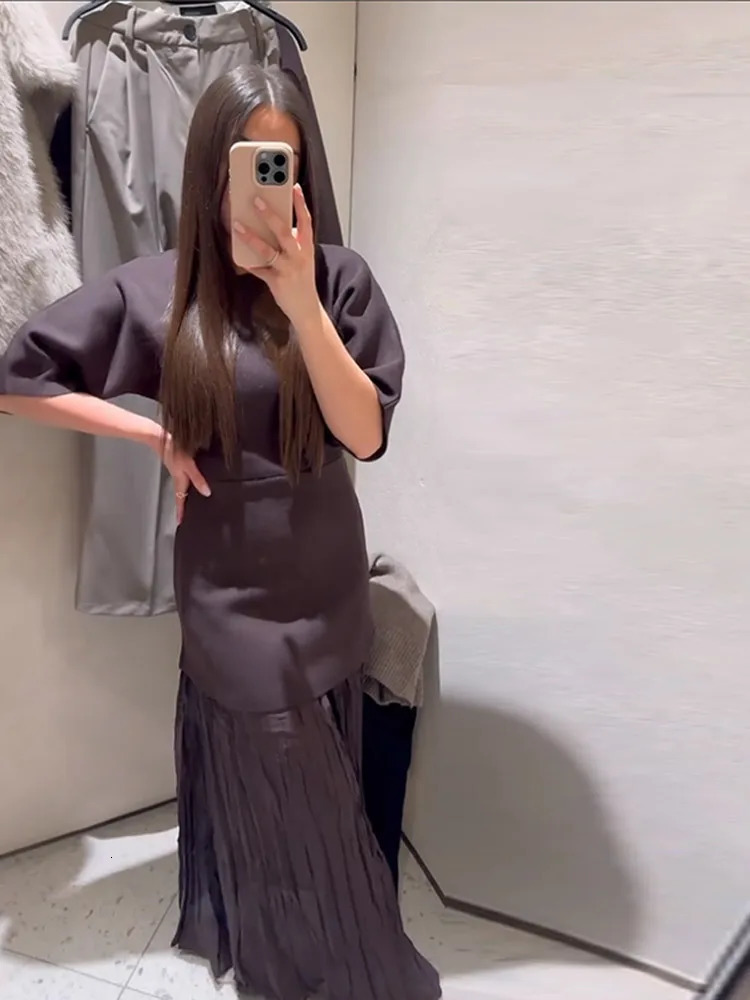 Elegant Pleat Dress Women Brown Oneck Half Sleeve Patchwork Slim Long Dresses Female Spring Summer Lady High Street Robes 250514