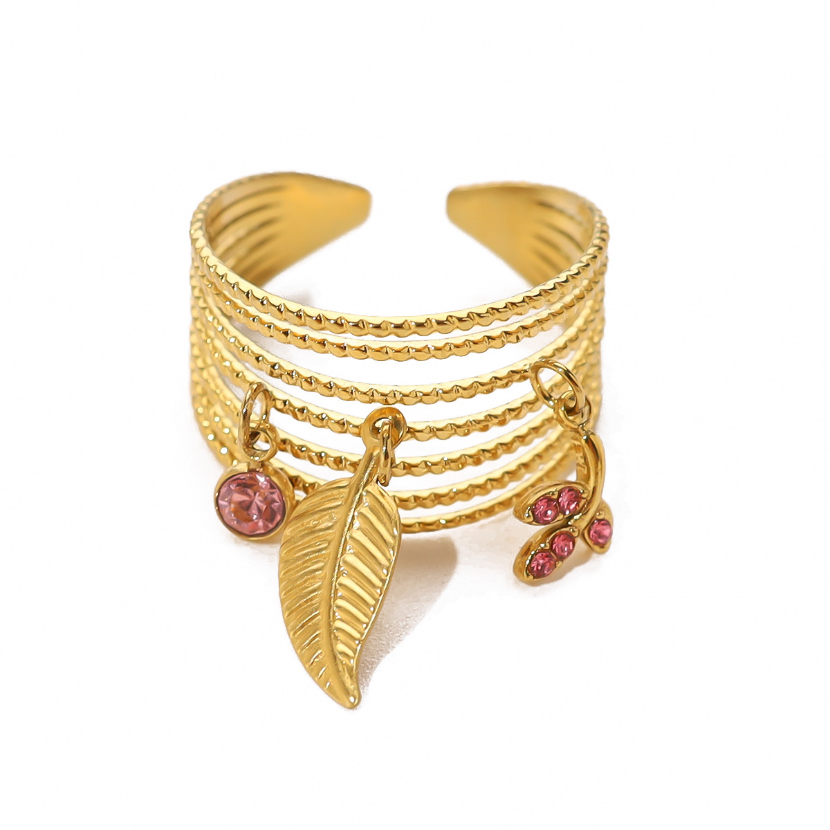 18K Gold Plated Titanium Steel Open Ring with Leaf and Crystal Pendant, Luxe Multi-line Design for Women