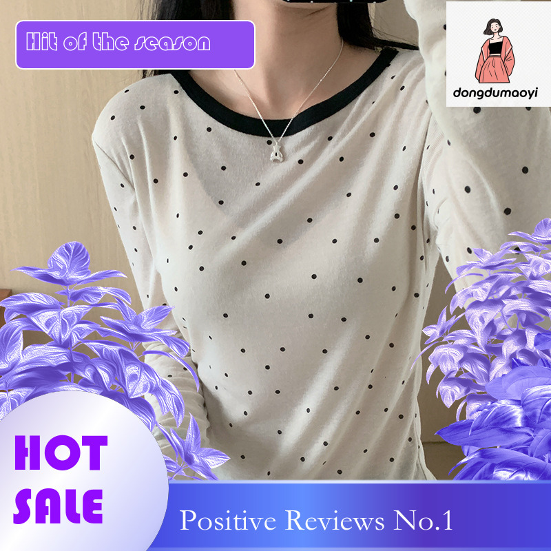 dongdumaoyi New polka dot long sleeved base shirt for women's spring design, slim fit shoulder T-shirt, unique and super beautiful top