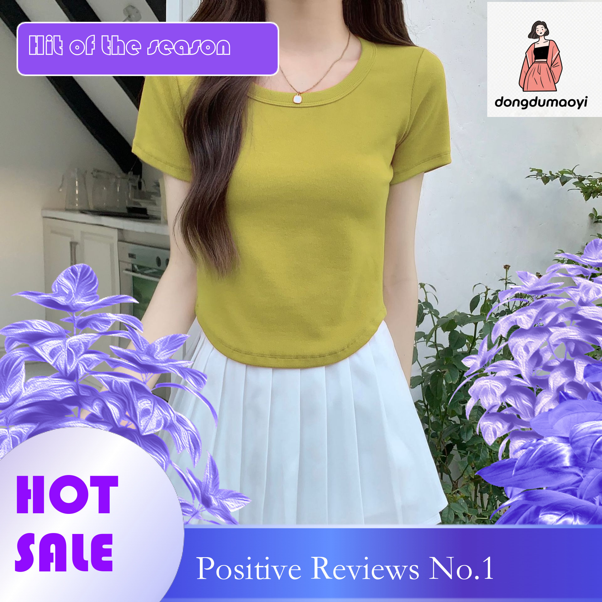 dongdumaoyi Basic solid color shoulder short sleeved T-shirt for women in summer, dopamine hem irregular design, slim fit low round neck top