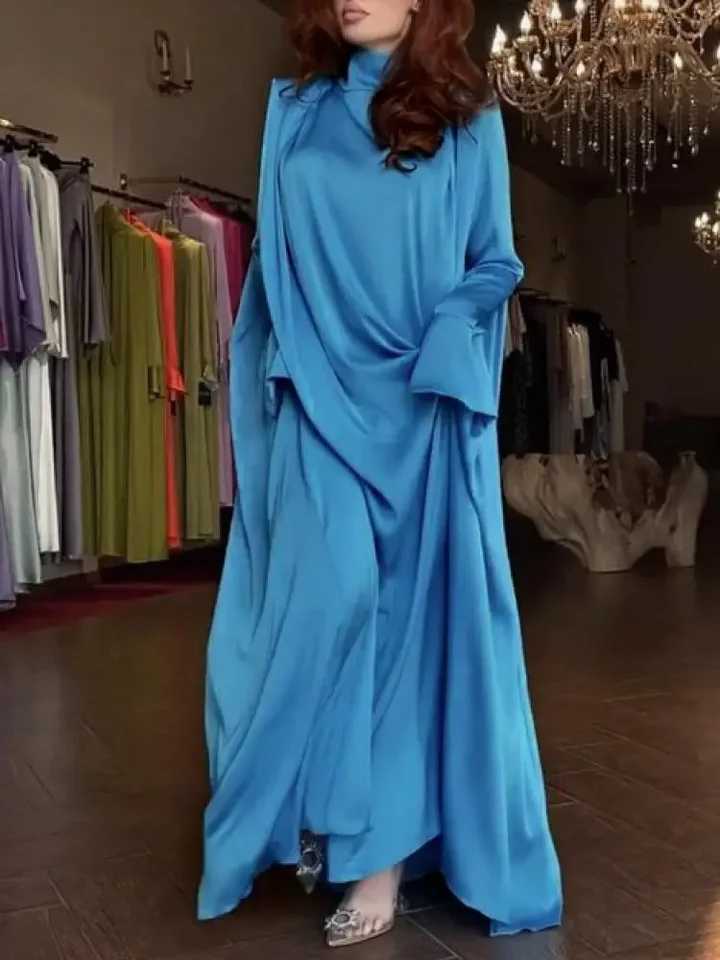 Middle East Arab Muslim Female High-Neck Elegant Evening Long Dress 2025 Spring Autumn Flared Sleeves Kaftan DressesXJ250514