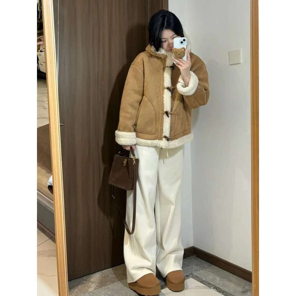 Korean Chic Hooded Lamb Wool Coats Women Horn Button Loose Casual Long Sleeve Jackets Autumn Winter Thick Warm Fur Outwears